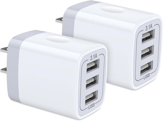 USB Wall Charger,  2Pack Wall Plug 3-Port USB Charging Station 3.1A Power Adapter Multi Port Quick Charger Block Cube for Iphone 15 14 13 12 11 Pro XS MAX 8 Plus,Ipad,Samsung Galaxy S23 S22 S21